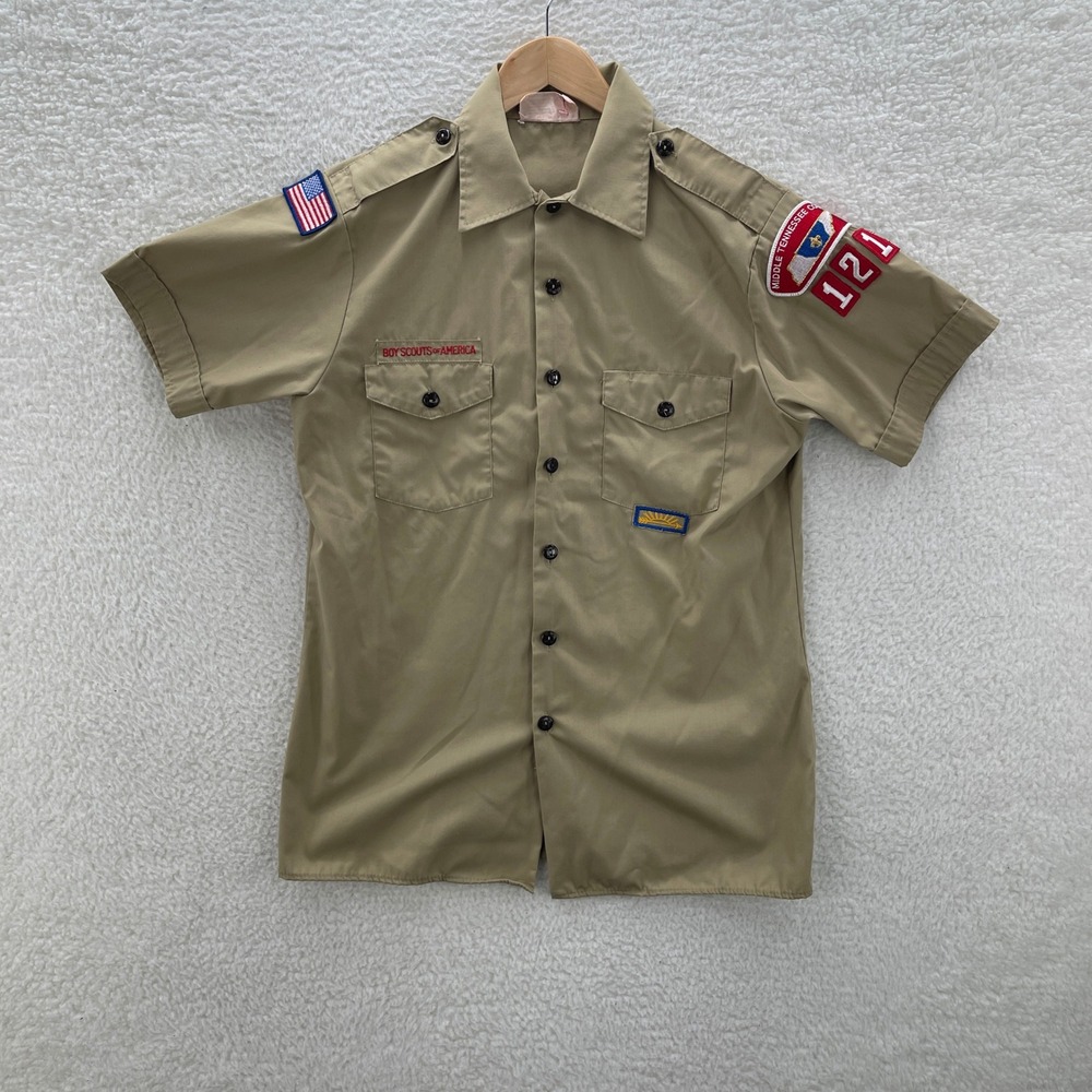 VTG Boy Scouts Shirt Mens M Beige Short Sleeve Uniform Shirt Patches Outdoor USA